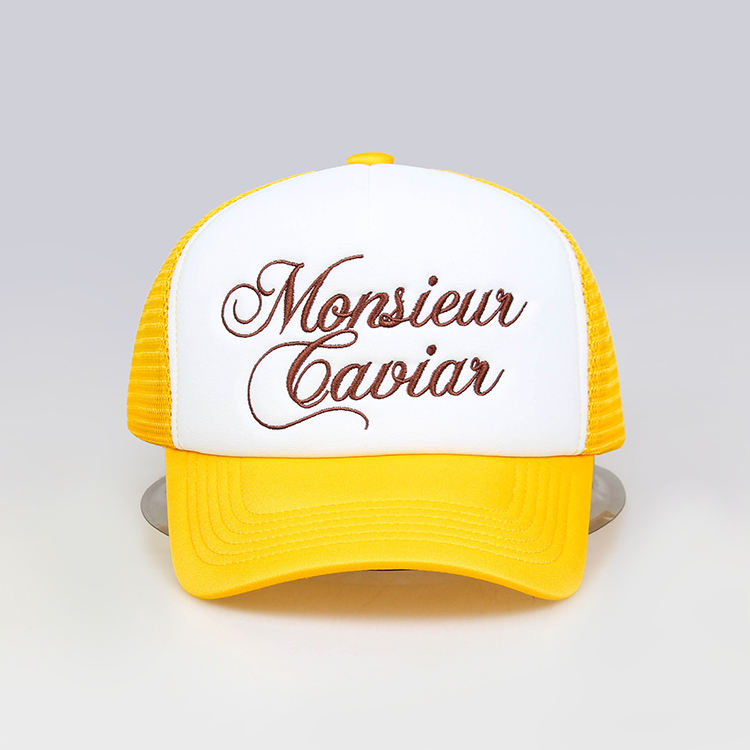 Yellow and White 5 Panel Foam Trucker Hat with Embroidered Script