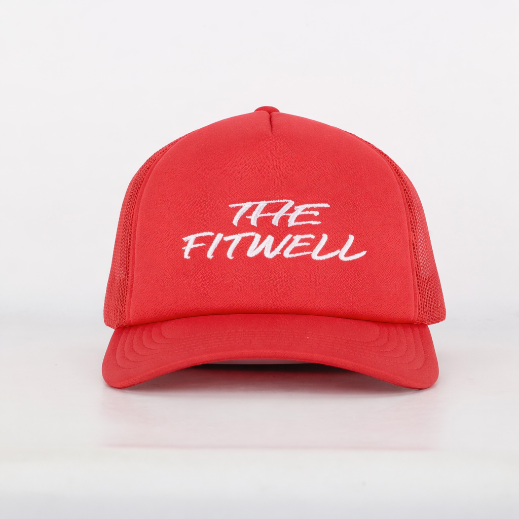 Red Mesh Trucker Cap with White Script Logo