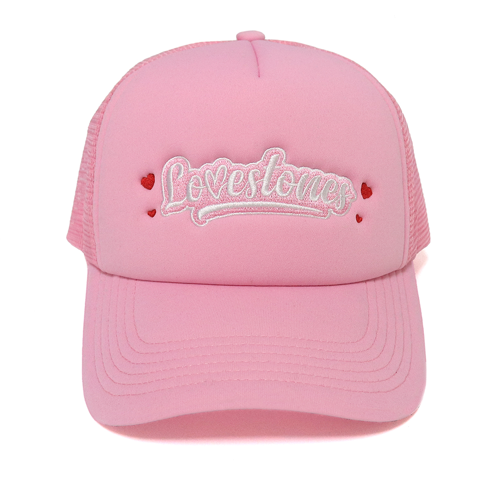 Pink Foam Trucker Hat with Love Letter Embroidery Mesh Back Snapback Cap