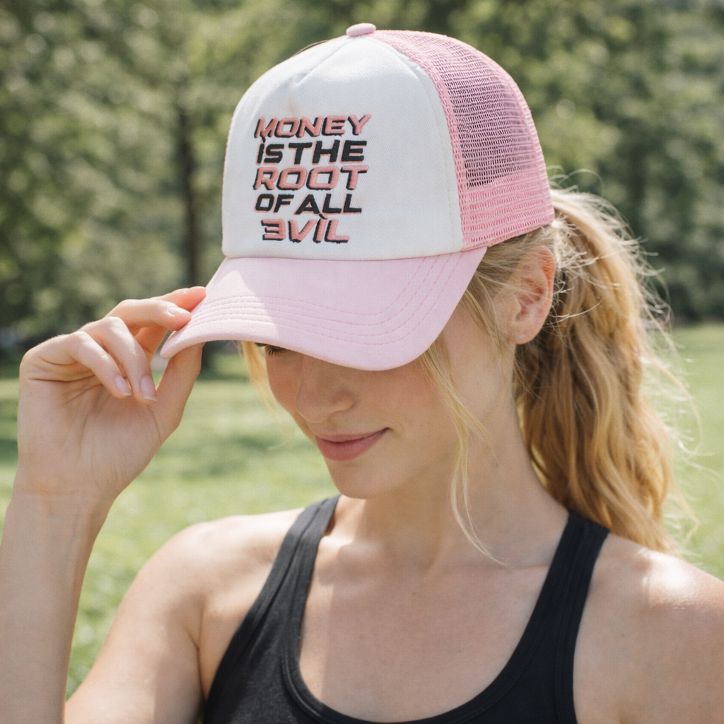 Pink and White Slogan Embroidered Mesh Trucker Cap