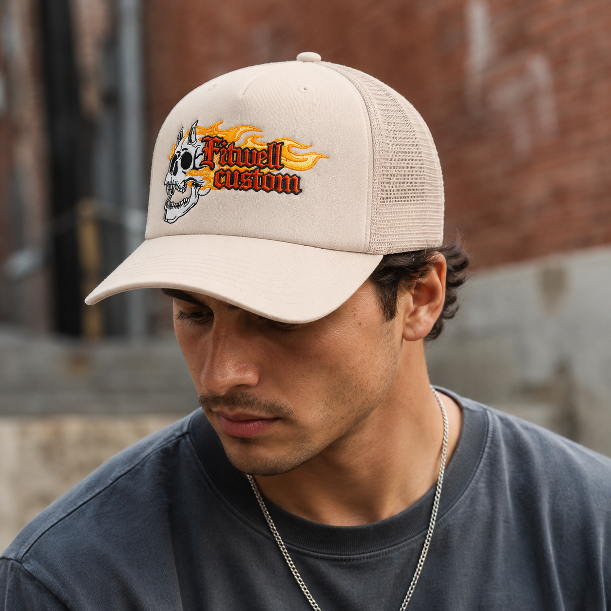 Skull Flame Embroidered Foam Mesh Trucker Cap