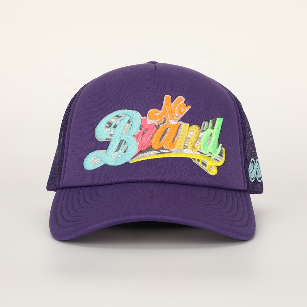 Purple Foam Trucker Cap with Rainbow Script Embroidery (5-Panel Mesh Back)