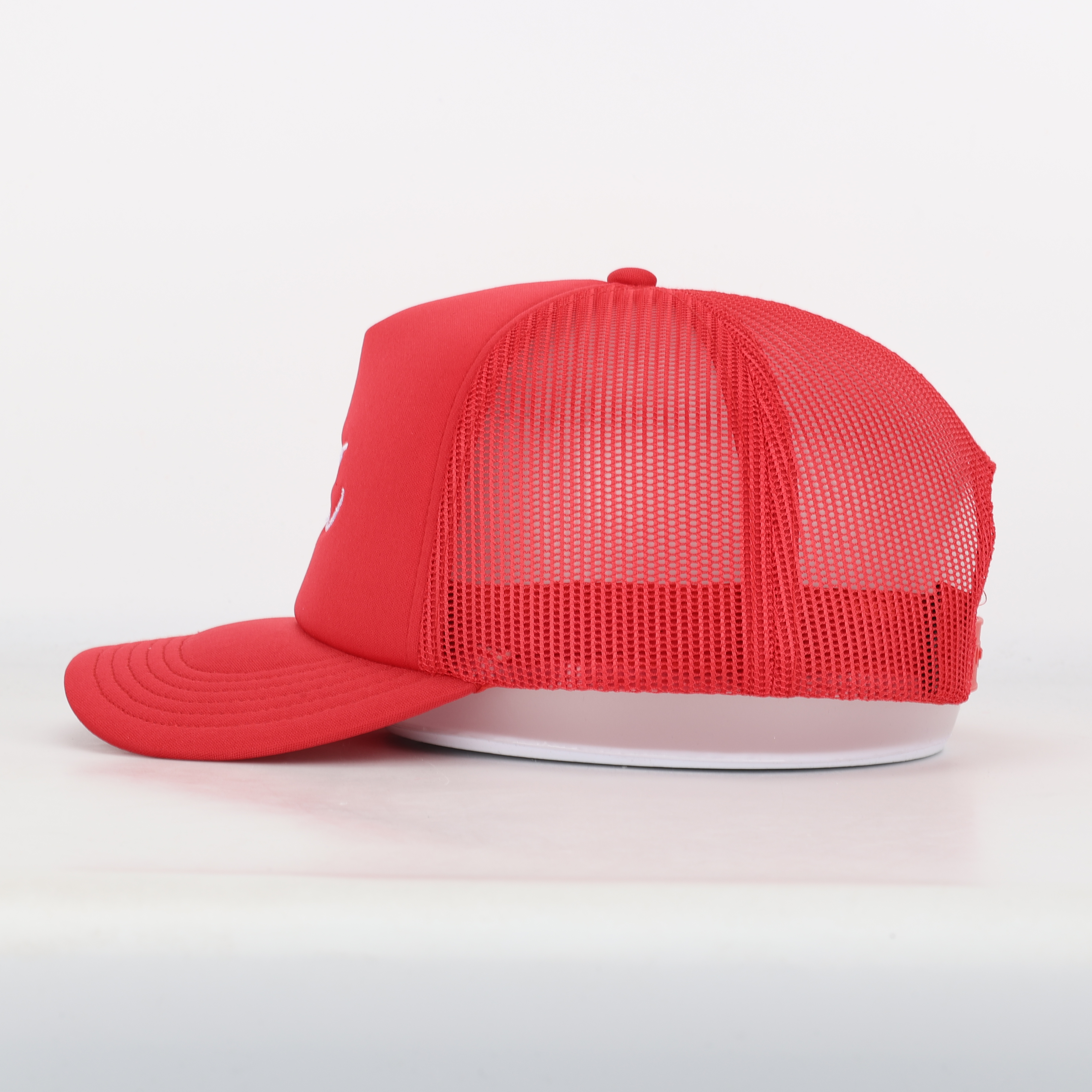 Red Mesh Trucker Cap with White Script Logo