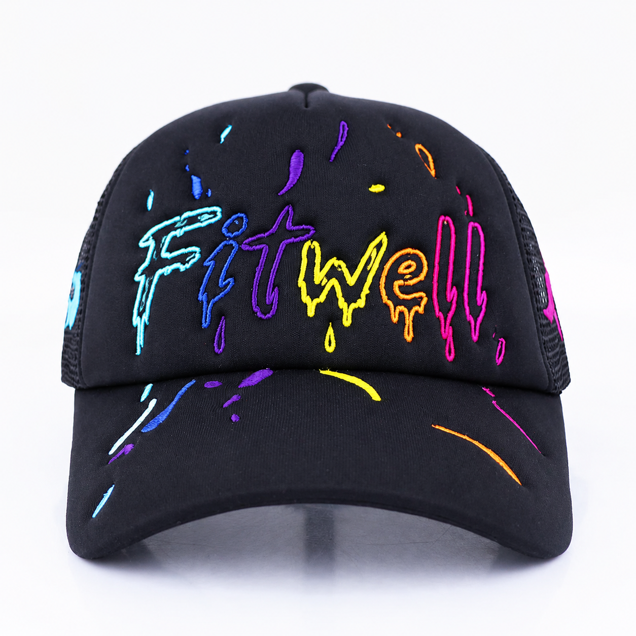 Black 5 Panel Foam Trucker Hat with Colorful Flat Embroidery Graphic Design