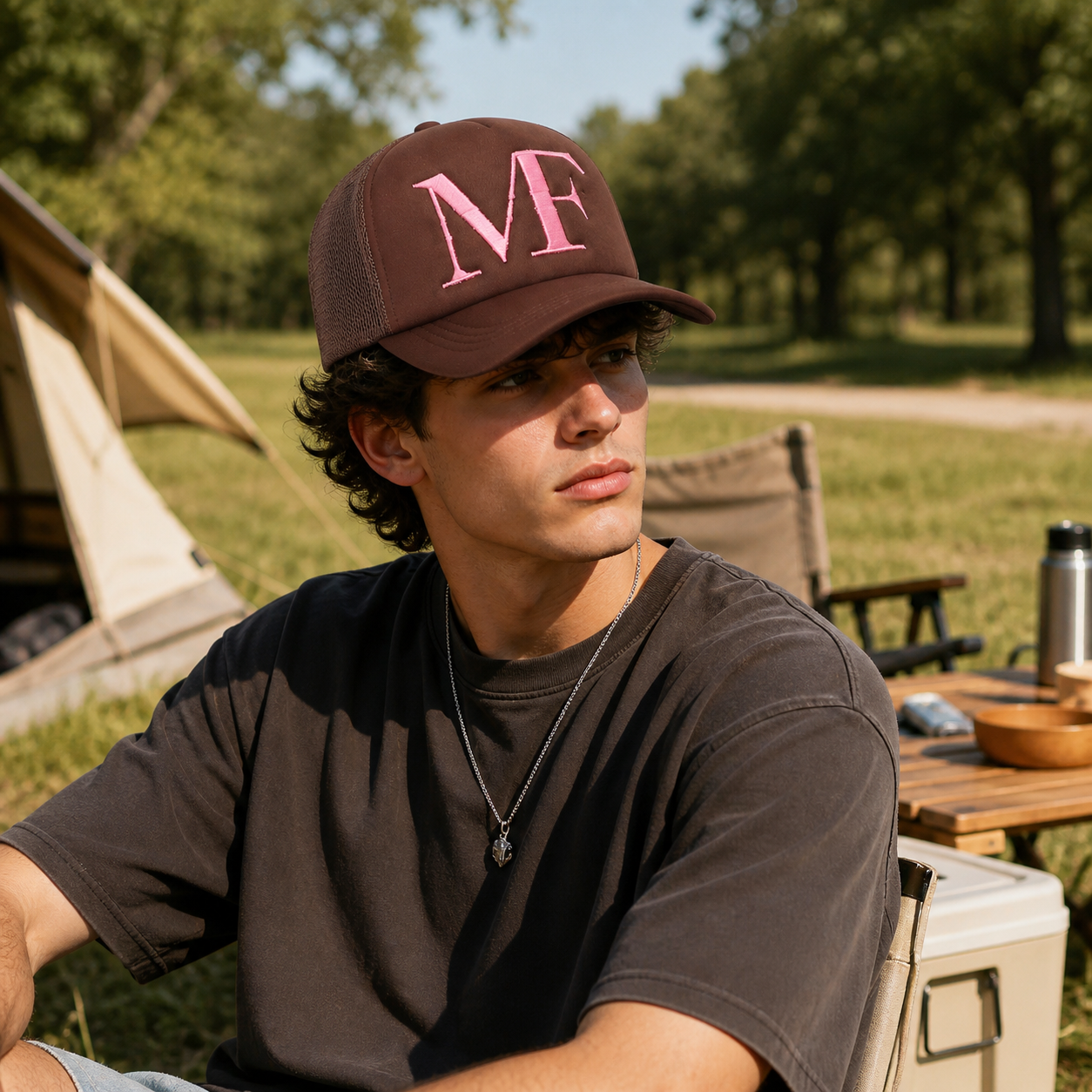 MT Name First Brown & Black 5-Panel Mesh Trucker Hat with Flat Embroidery