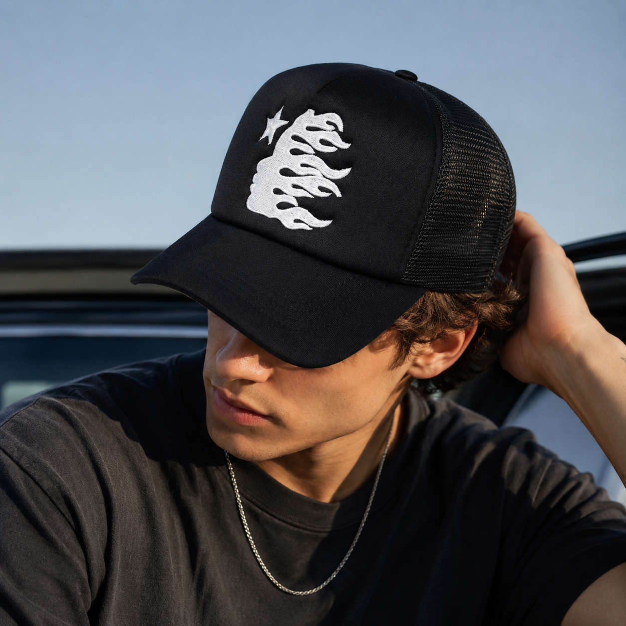 Flame Star Foam Mesh Trucker Hat with White Flat Embroidery