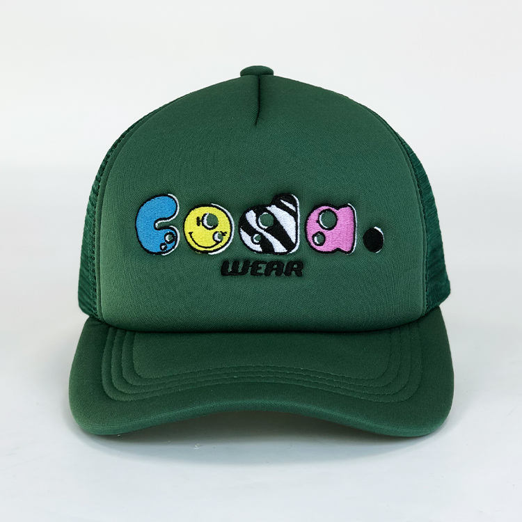 Green 5-Panel Foam Trucker Hat with Colorful Flat Embroidered Logo