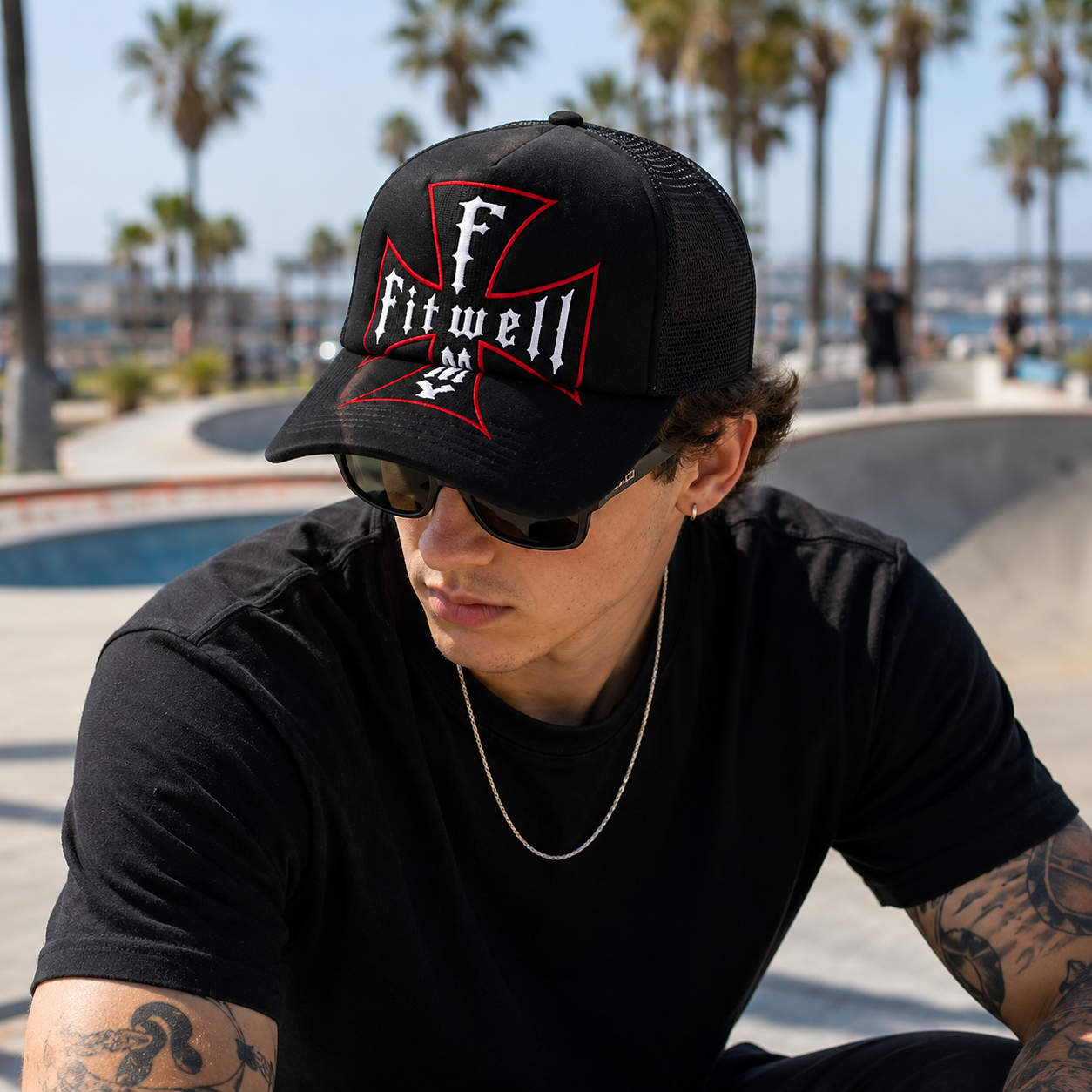 Black Trumpet Cross Embroidered Five-Panel Mesh Trucker Cap