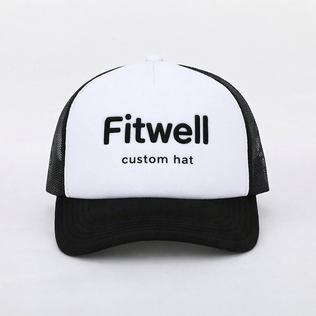 White & Black Mesh Trucker Hat with Raised Embroidered Logo