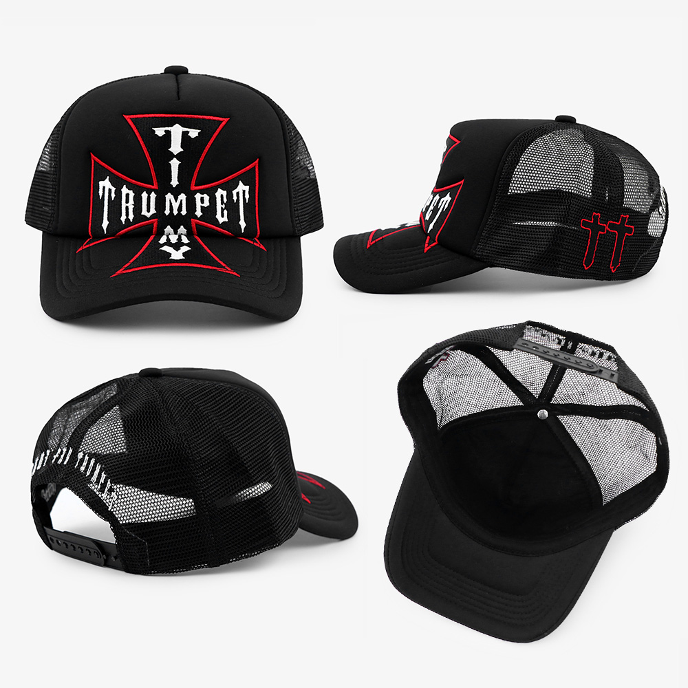 Black Trumpet Cross Embroidered Five-Panel Mesh Trucker Cap