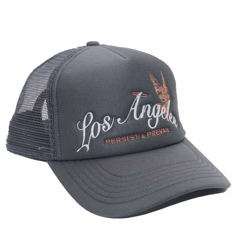 Grey Los Angeles Script Embroidered Mesh Trucker Cap with Angel Graphic