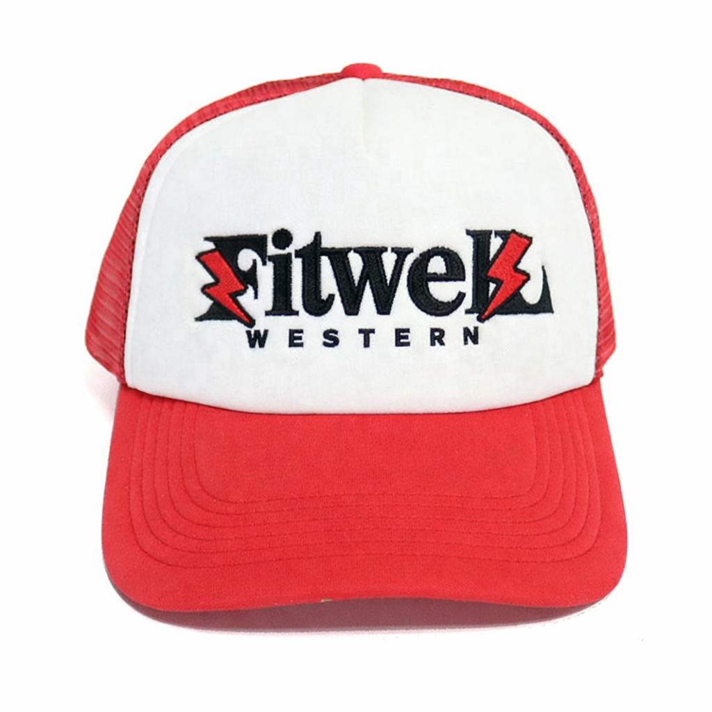 Red and White Foam Trucker Hat with Bold University Embroidery