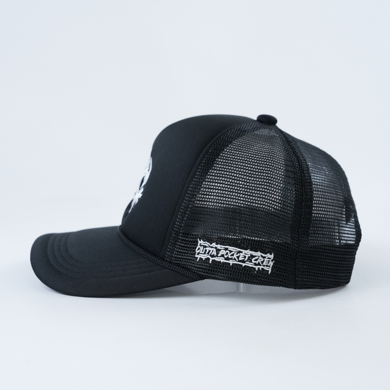 Foam Front Mesh Back Trucker Cap with Gothic Embroidery Design