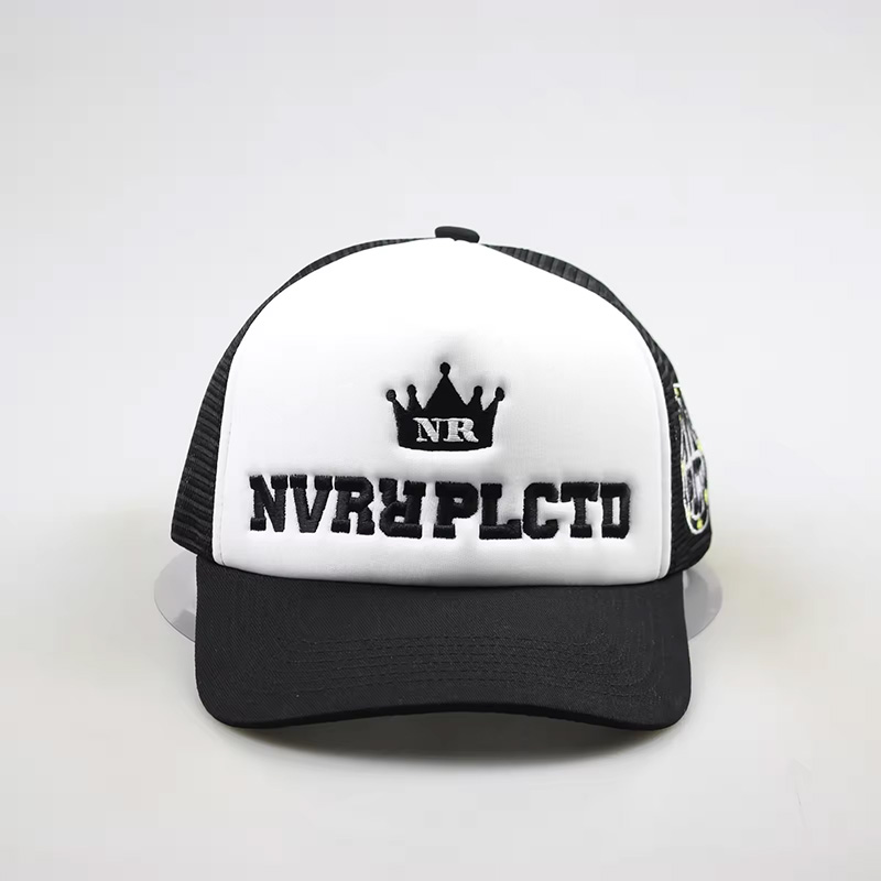 NVRRPLCTD Crown Logo Foam Front Trucker Cap – Black White Mesh Snapback