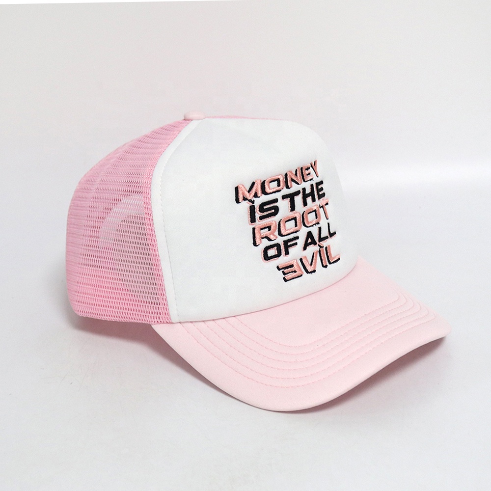 Pink and White Slogan Embroidered Mesh Trucker Cap