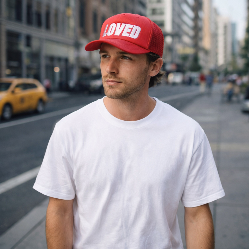 LOVED Pink Embroidered Red Trucker Hat