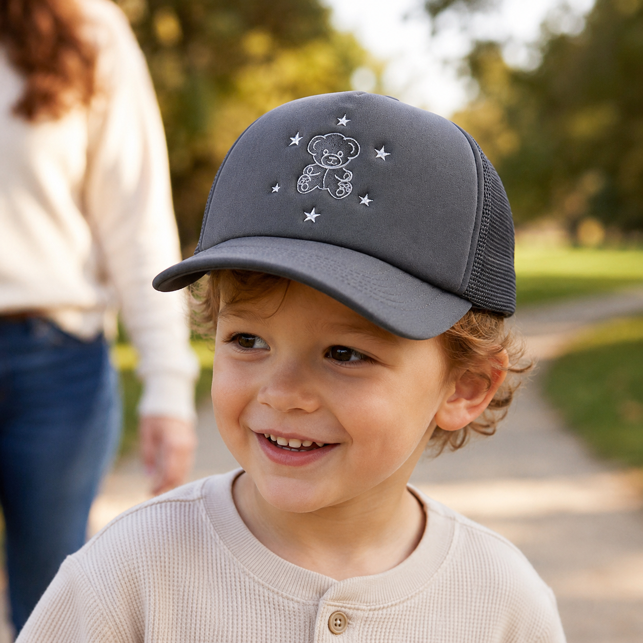 Charcoal Foam Trucker Hat with Teddy Bear Star Embroidery