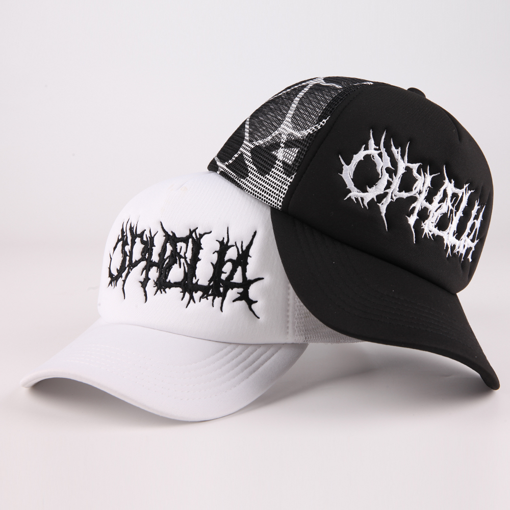 Black and White Foam Trucker Hat with Gothic Embroidered Logo and Mesh Back Design