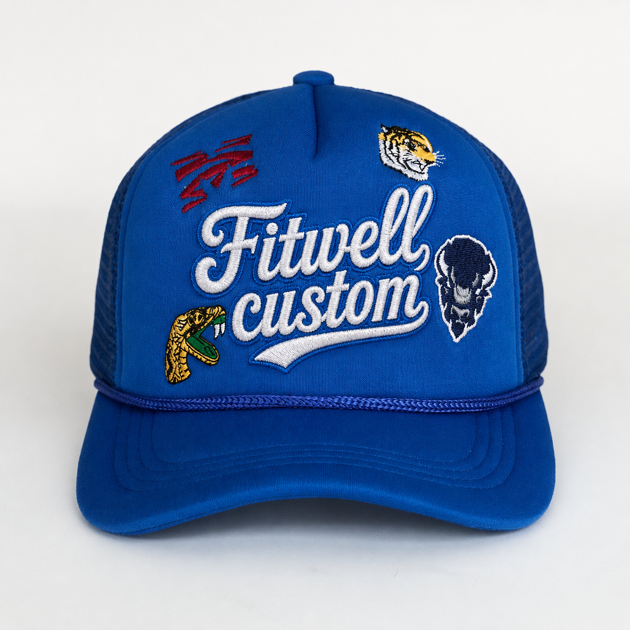 Royal Blue HBCU Multi Logo Embroidered Foam Trucker Hat with Rope Detail