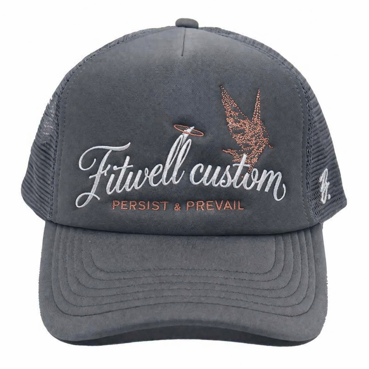 Grey Los Angeles Script Embroidered Mesh Trucker Cap with Angel Graphic