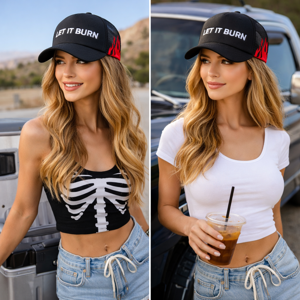 LET IT BURN 5-Panel Foam Mesh Trucker Hat with Flat Embroidery