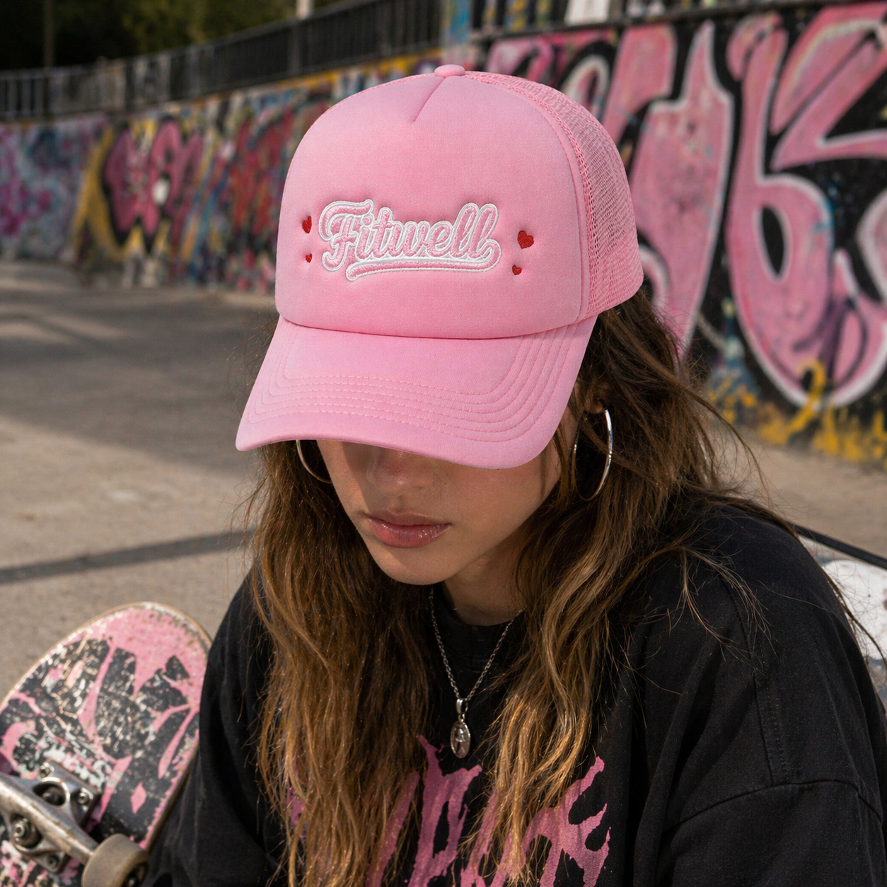 Pink Foam Trucker Hat with Love Letter Embroidery Mesh Back Snapback Cap