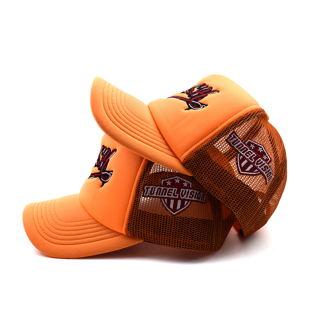Orange Mesh Back Trucker Cap with Embroidered Letter Logo 5 Panel Snapback Hat