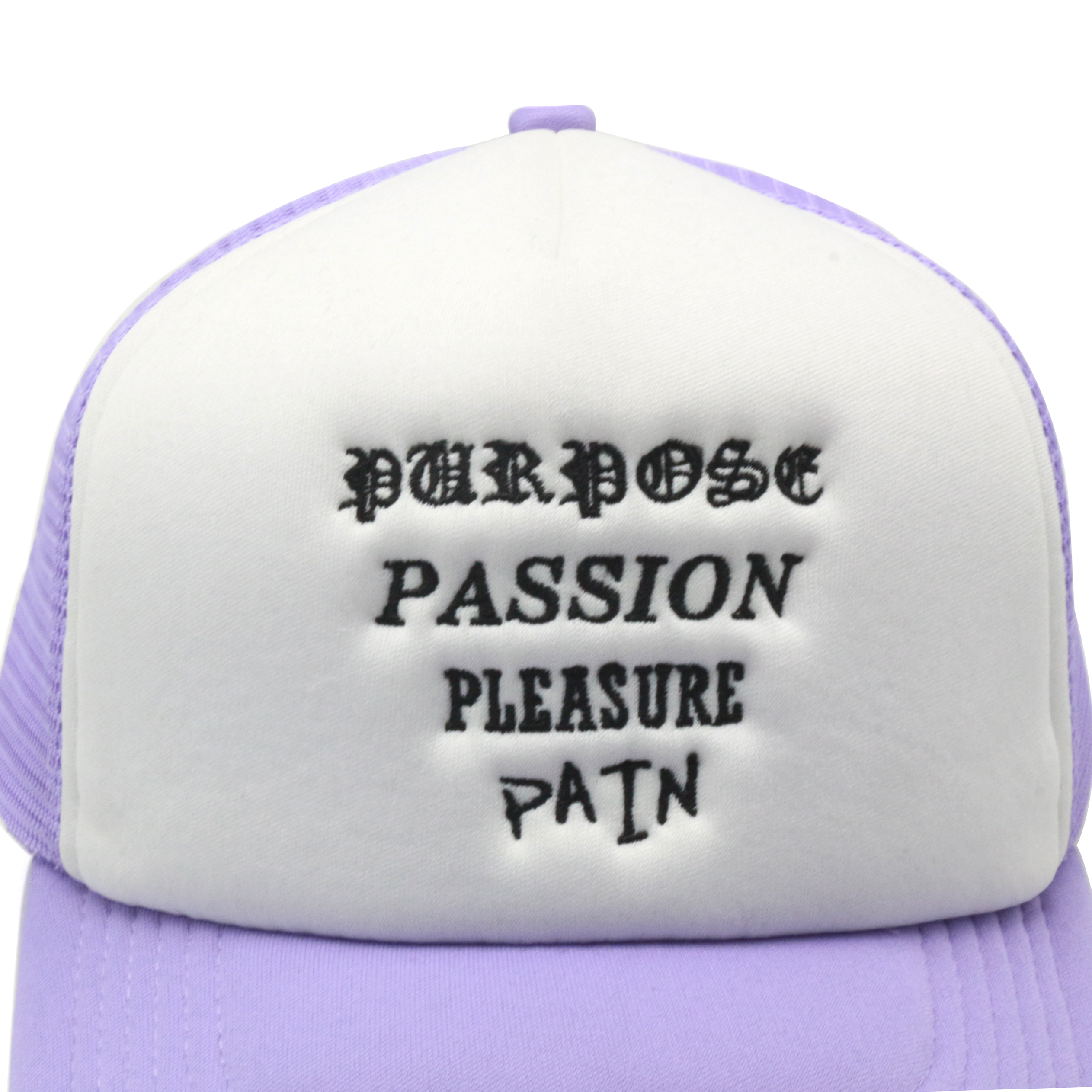 Purple & White Foam Trucker Hat with Flat Embroidered Text