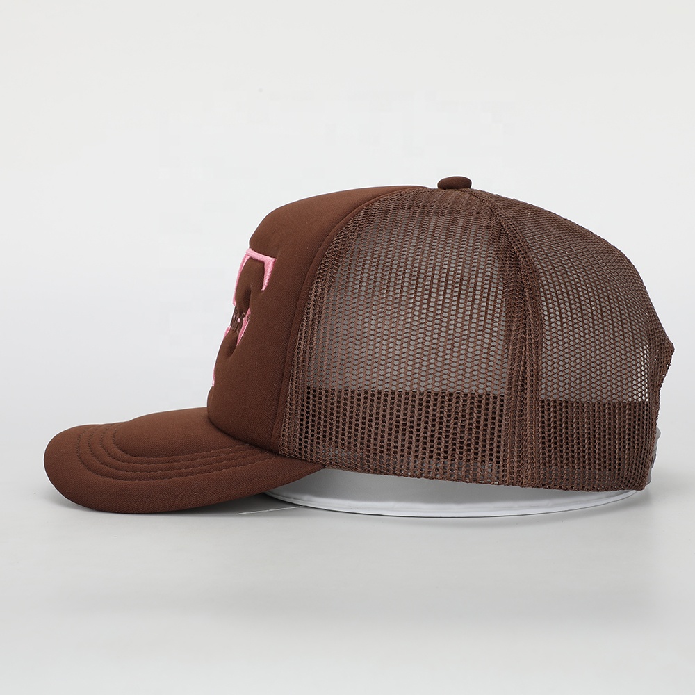 MT Name First Brown & Black 5-Panel Mesh Trucker Hat with Flat Embroidery
