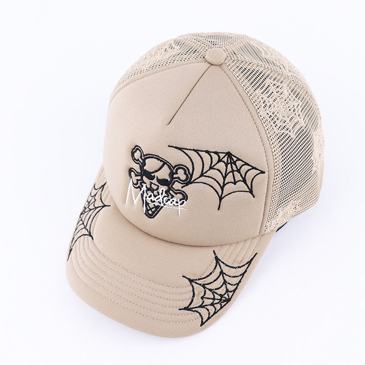 Pink and Khaki Skull Spider Web Mesh Trucker Cap