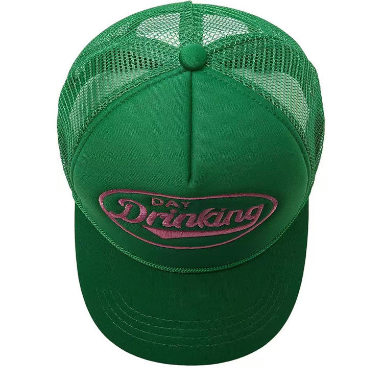 Green Foam Mesh Trucker Hat with Pink Embroidery – Drinking Logo Cap