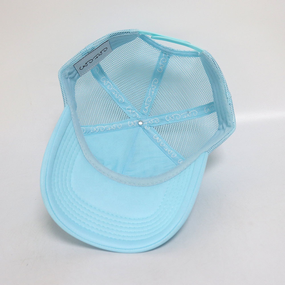 Light Blue Script Logo Mesh Trucker Cap with Curved Brim