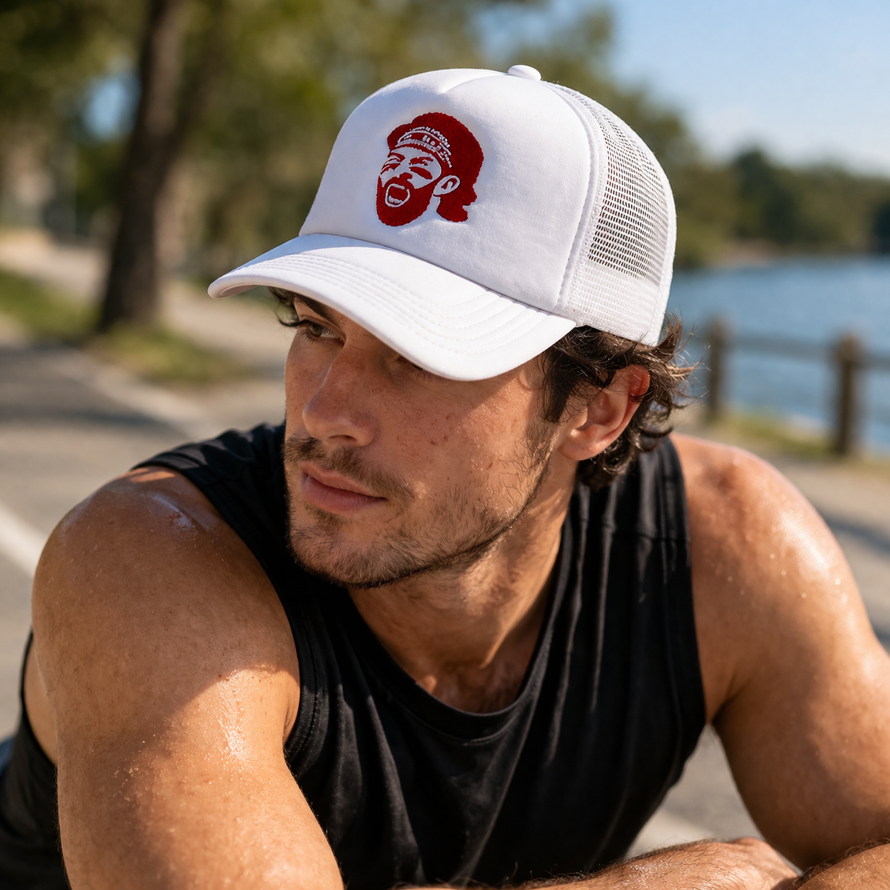 White Foam Front Mesh Back Trucker Cap with Embroidered Graphic Logo