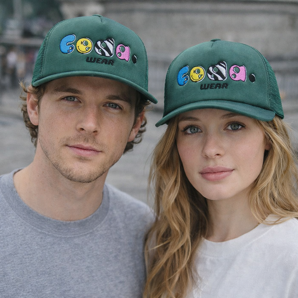 Green 5-Panel Foam Trucker Hat with Colorful Flat Embroidered Logo
