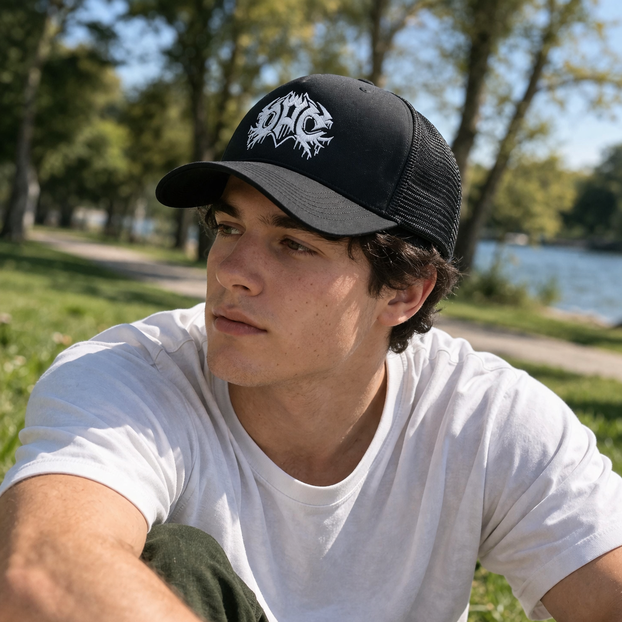 Foam Front Mesh Back Trucker Cap with Gothic Embroidery Design