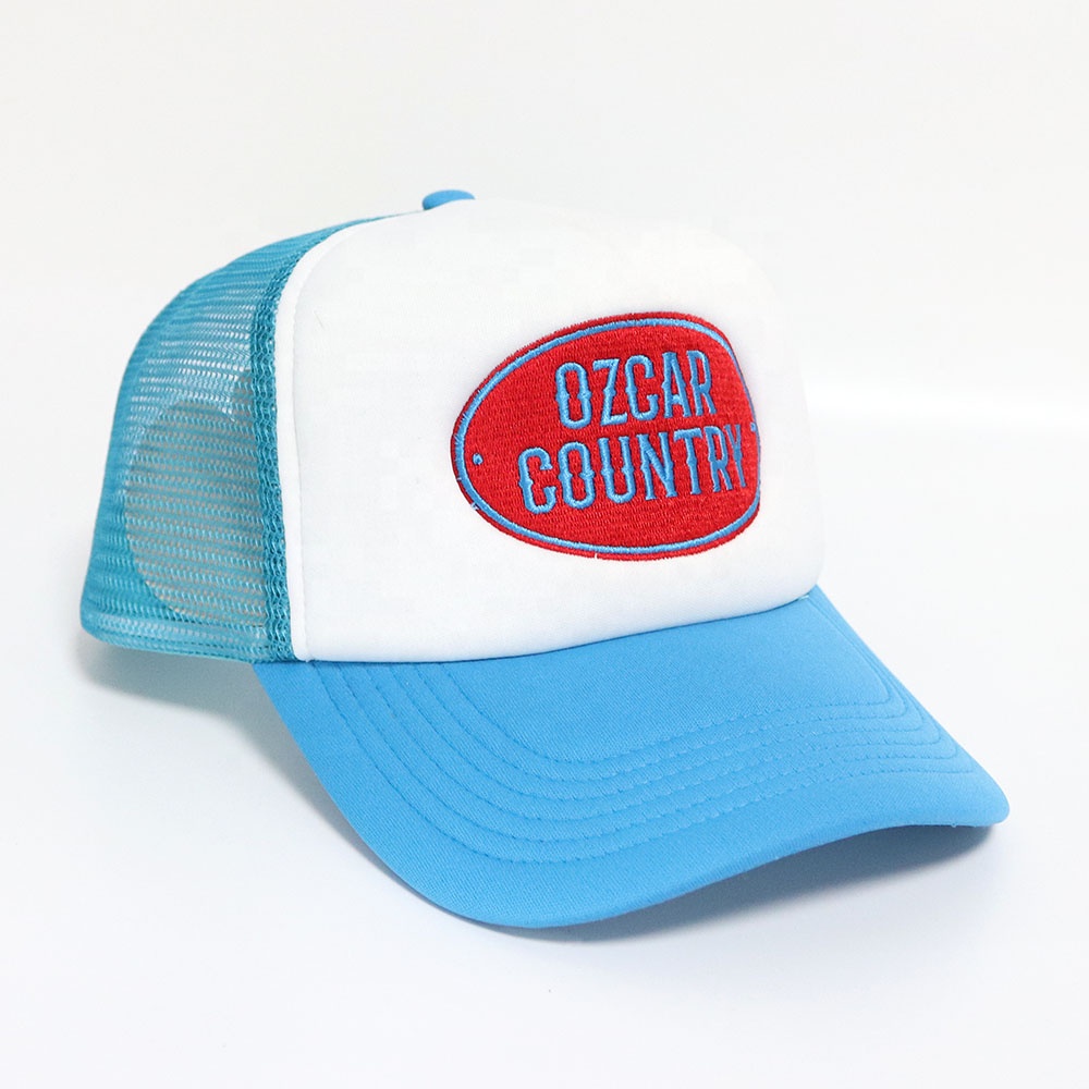 Blue White Foam Trucker Hat Oval Patch Embroidered Logo Mesh Back Cap
