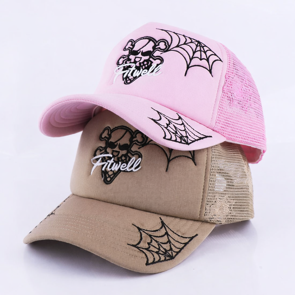Pink and Khaki Skull Spider Web Mesh Trucker Cap
