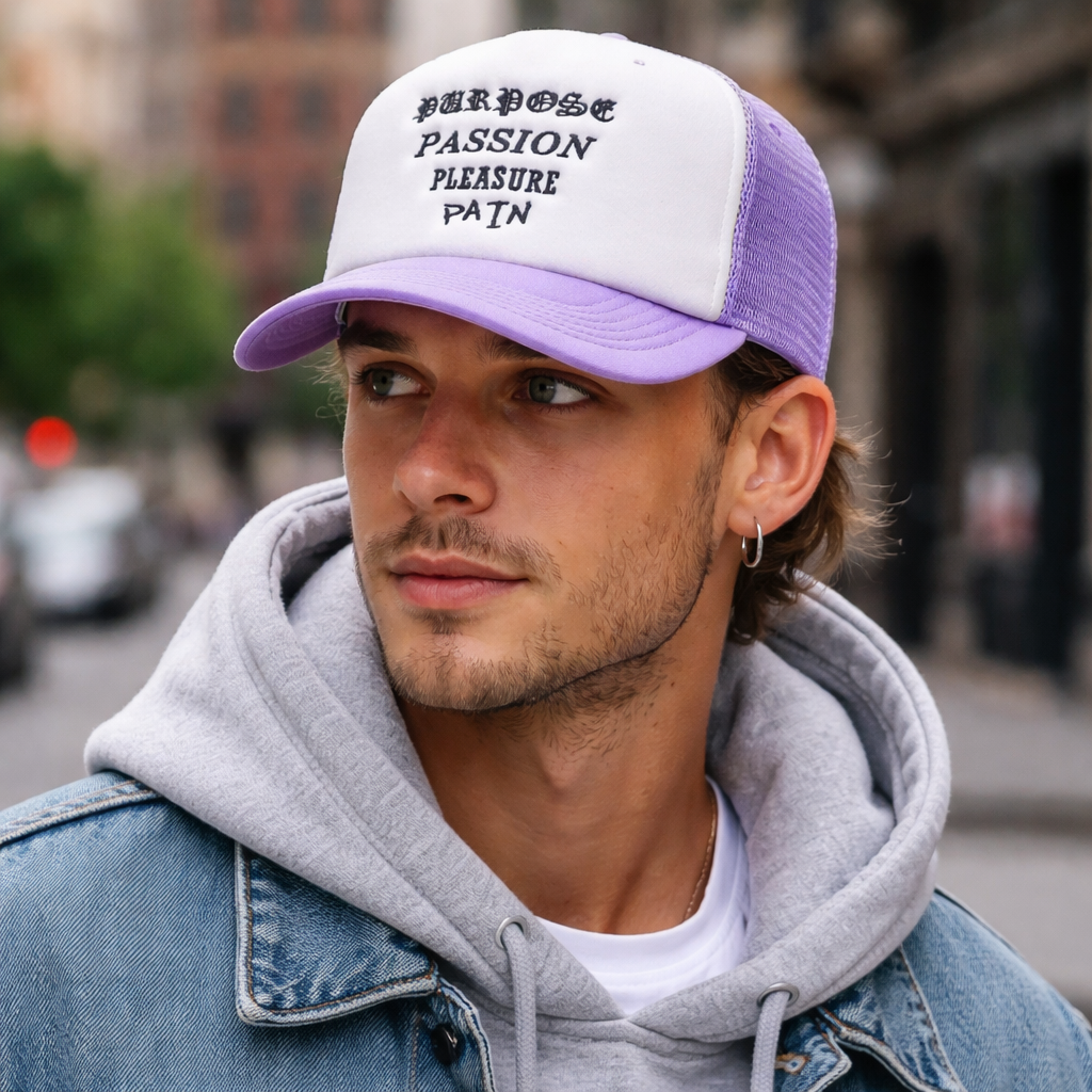 Purple & White Foam Trucker Hat with Flat Embroidered Text