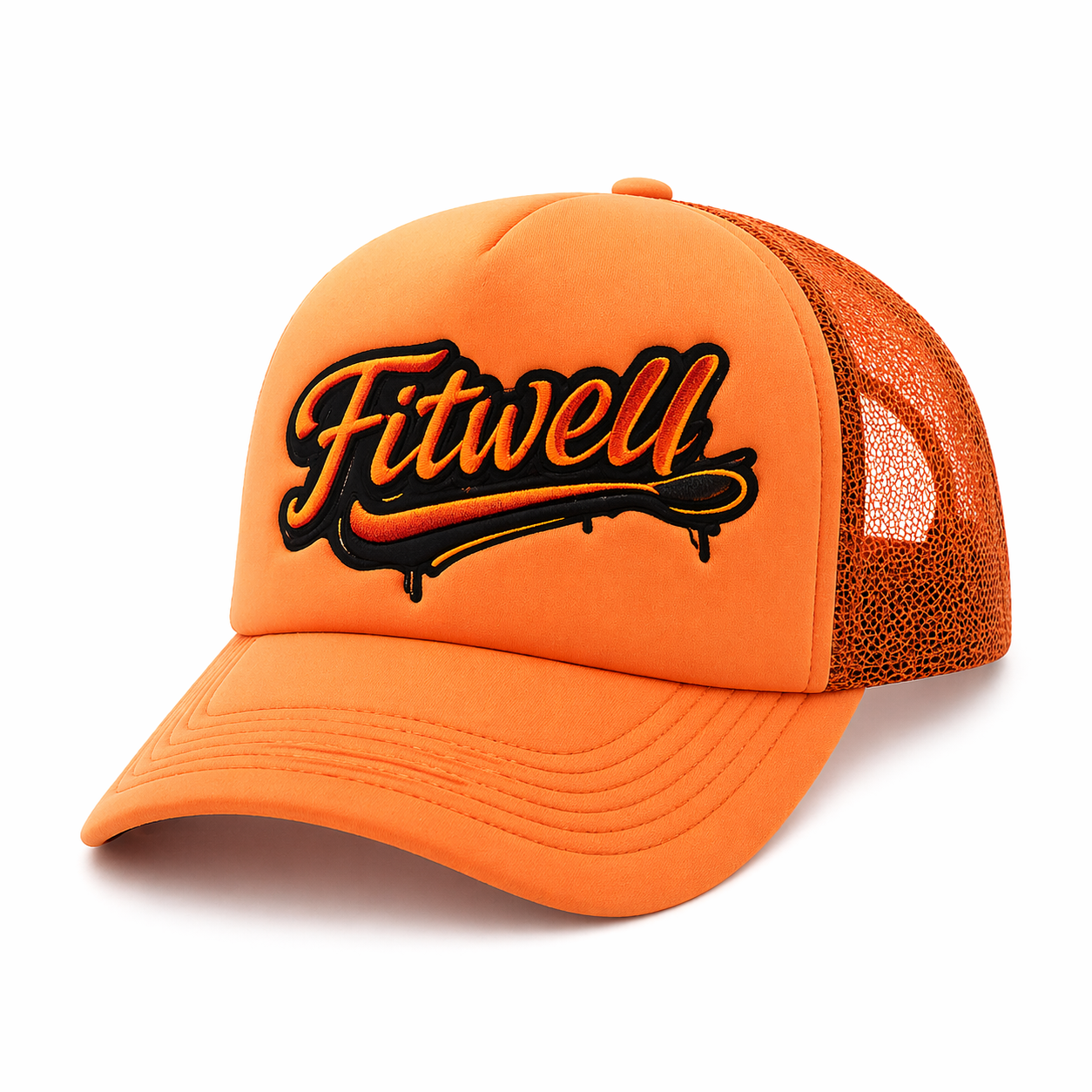 Orange Mesh Back Trucker Cap with Embroidered Letter Logo 5 Panel Snapback Hat
