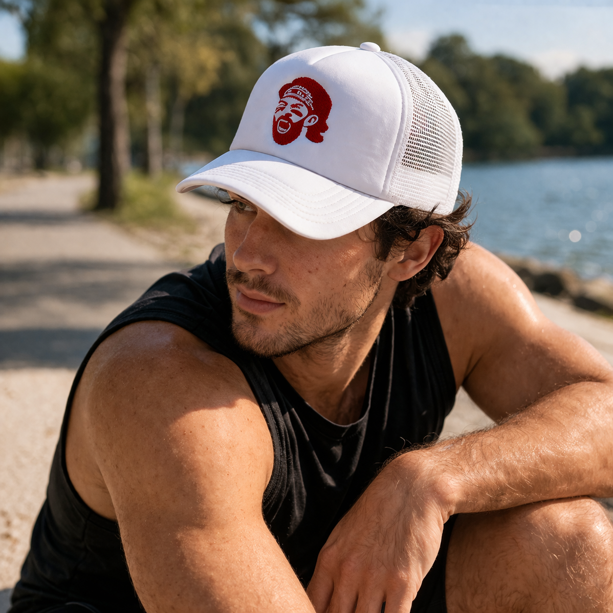 White Foam Front Mesh Back Trucker Cap with Embroidered Graphic Logo