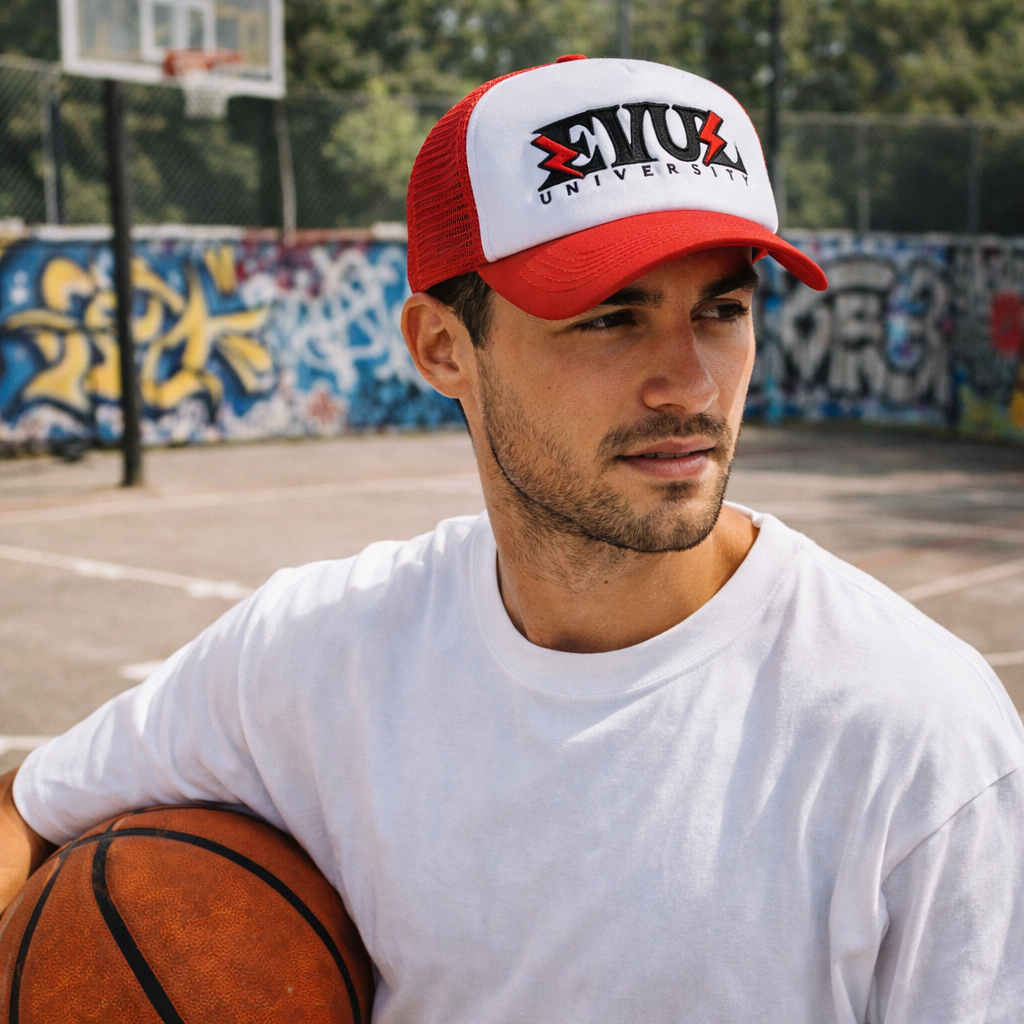 Red and White Foam Trucker Hat with Bold University Embroidery