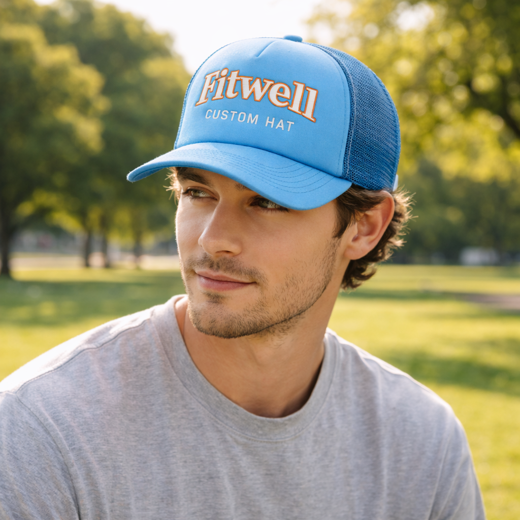Blue Foam Mesh Trucker Hat with Flat Embroidered Logo