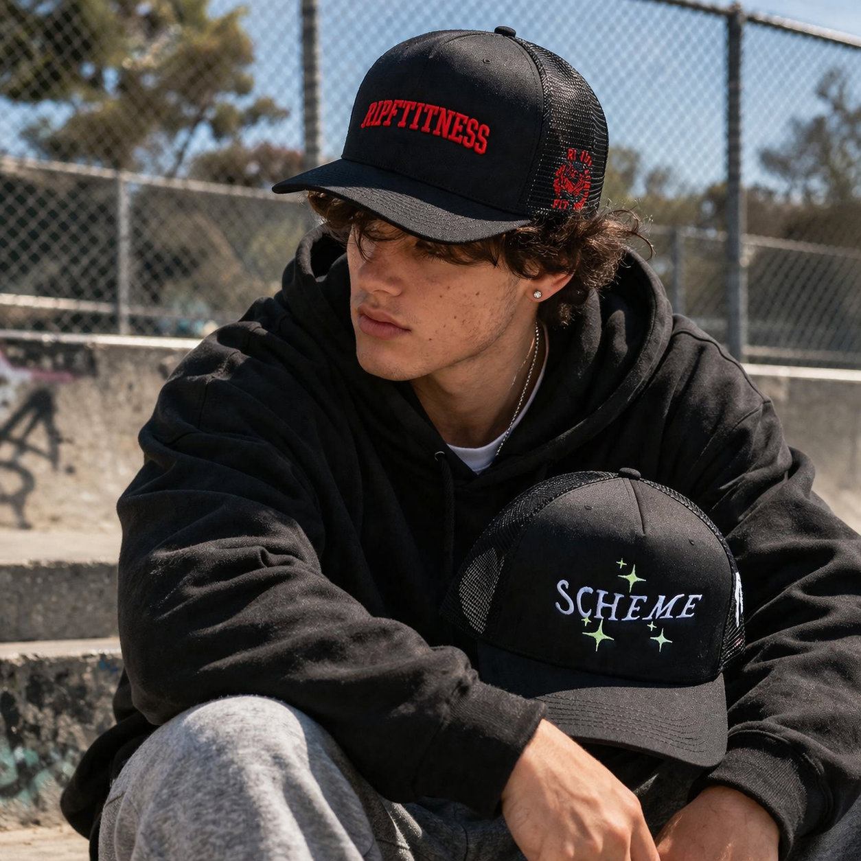 Black Foam Mesh Trucker Cap with RIPFITNESS & SCHEME Embroidered Logo