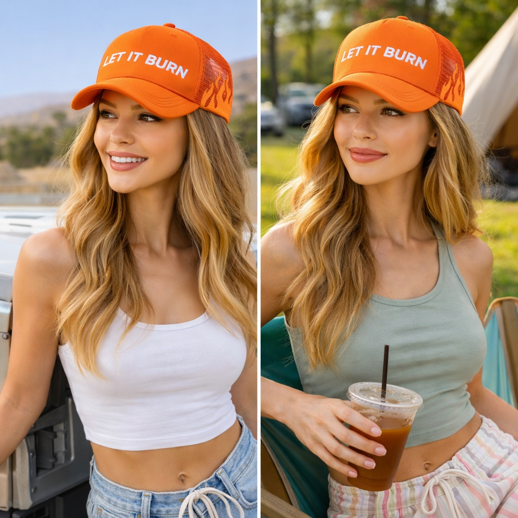 LET IT BURN 5-Panel Foam Mesh Trucker Hat with Flat Embroidery