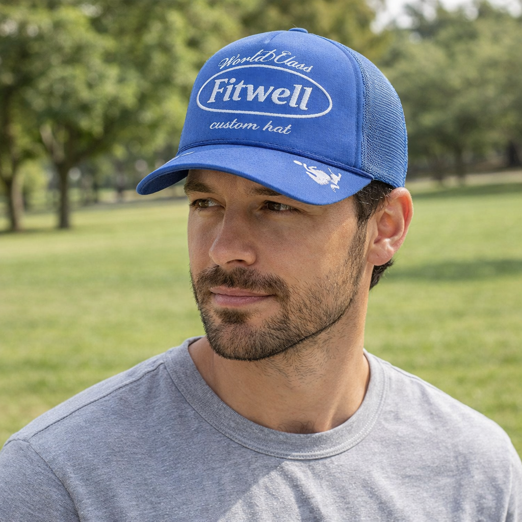 Blue Foam Front Mesh Trucker Hat with Flat Embroidery – 5 Panel Cap Design
