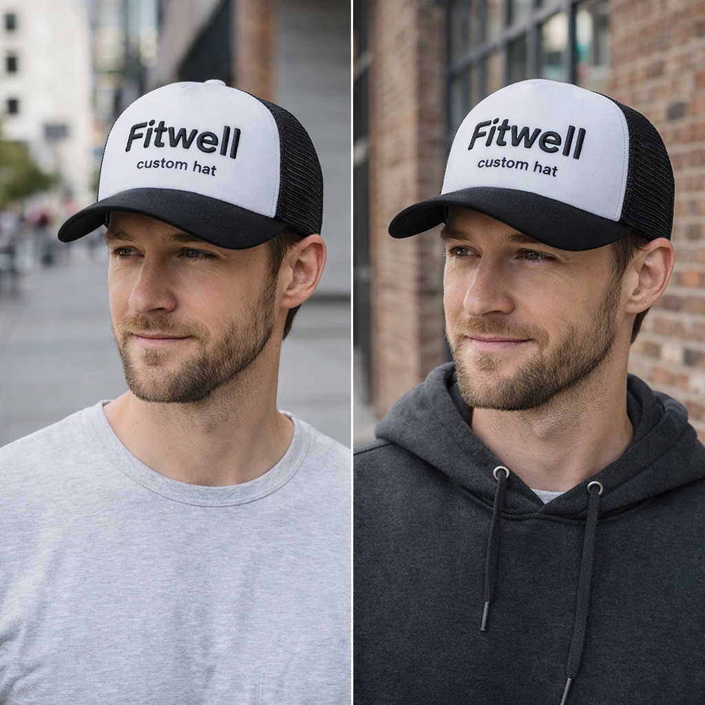 White & Black Mesh Trucker Hat with Raised Embroidered Logo