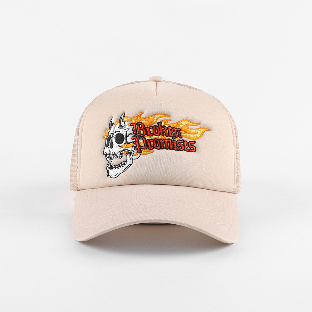Skull Flame Embroidered Foam Mesh Trucker Cap