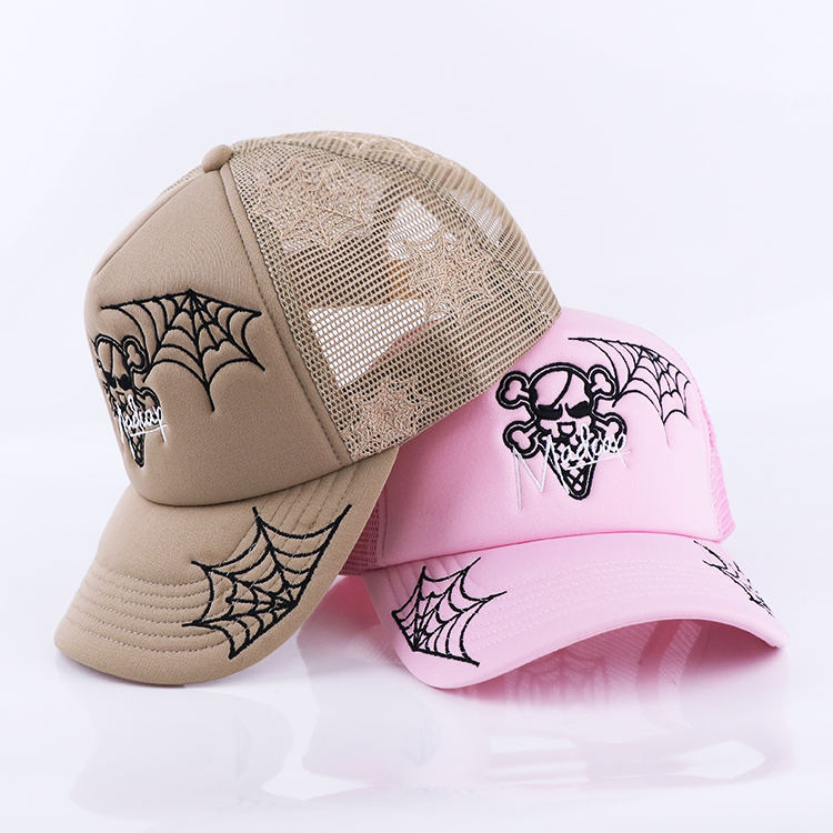 Pink and Khaki Skull Spider Web Mesh Trucker Cap