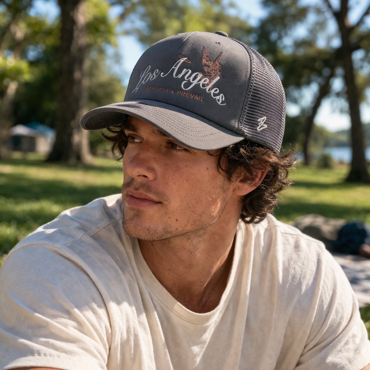 Grey Los Angeles Script Embroidered Mesh Trucker Cap with Angel Graphic