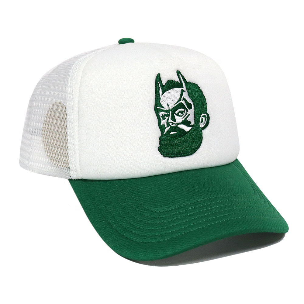 Green and White Embroidered Bearded Hero Trucker Hat